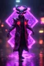 Placeholder: Volumetric satyr lights,paradise sacred geometry framed playing card, black, red, spore and purple neon fire cyber punk dancer thief in soaked rain coat shadows boss card in the style of giger and fallout 4 ,,bokeh like f/0.8, tilt-shift lens 8k, high detail, smooth render, down-light, unreal engine