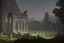 Placeholder: roman ruins against the twilight, intertwined herbs, vines and dark water with white lilies, on the floor, statues, tombs, mausoleums in the distance, oil on canvas, hyperdetailed, ethereal, ominous