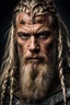 Placeholder: portrait of a 50-year-old viking ,blonde beard with grey highlight and long blond hair with Two small braids. Rugged face with a scar on his cheek. dark fantasy