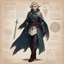 Placeholder: character concept sheet with AD&D statistics and characteristics, [vintage style noisy scratches glitches, Shot the texture and then rewound the film and double exposed the face] semi-elf thief, with her silver dagger and her invisibility cape, ready to strike