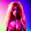 Placeholder: Shakira, artist, 30 years old, Realistic image, waist up portrait, etro style dress. Blonde, feathers, loose long hair, eyes make up, perfect, glow, circle iris. Neon colors, leds, geometric shapes. Dark background, photo studio, neon lights. Cyberpunk, concept art, smooth, unreal engine 5, god lights, ray tracing, RTX, lumen lighting, ultra detail, volumetric lighting, 3d, finely drawn, high definition, 4k.