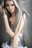 Placeholder: Beautiful perfect perfectly centered photorealistic lady long hair, shiny metallic silver hair, multi-hued French maid outfit full-body portrait by Reisha Perlmutter, Rudy Nappi, medium shot