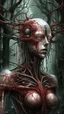 Placeholder: Quintessential Horror Surrealism:A woman Gothic cyber-surreal figure's form undergoes catastrophic dimensional fission through Seedream 3D recursive rendering, fracturing into chaos Legion Doodle simultaneous nightmare realities while simultaneously occupying four perforated reality levels—manifests as a blood-drenched forest where trees weep crimson sap and bioluminescent fungi pulse with recursive Fibonacci patterns, surrounded by carnivorous flowers with fanged mouths dripping neon venom; mat