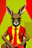 Placeholder: A portrait of brown kangaroo in a yellow background with some crosses and circles in the downside of the background. the kangaroo is sitting in a advance red chair and wear a black suit and black sunglasses. the kangaroo is looking in front of him.