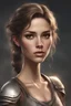 Placeholder: a woman in her early twenties, short, long wawy brown hair, light skin, big brown eyes, beautiful bony face, long neck, athletic, realistic epic fantasy style