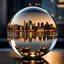 Placeholder: crystal sphere with golden Dodecahedrons inside, reflections of the modern city environment inreclective faces , divides into array of crystal cubes.