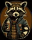 Placeholder: cool raccoon dressed in leather jacket in shephard fairey style graphic holding a can of beer.