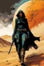 Placeholder: create a fine art print full body illustration of a rugged gritty, roughly textured, hooded, black clad and dusty Fremen female mercenary with highly detailed feminine facial features, amidst the billowing desert storms of Arrakis, in the comic book art style of Bill Sienkiewicz, and Jean Giraud Moebius, finely textured, drawn, colored, and inked,