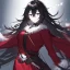 Placeholder: Clear focus, High resolution, rough line sketch art, long black hair, hair between eyes, fluffy hair, purple eyes, wearing a black and red kimono with a black short skirt, dark aura