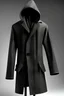 Placeholder: Man's girdle grey long wool coat with embossed black squares and a hood