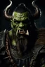 Placeholder: portrait of an orc king.braided hair and unique eyes. grimacing. Half of his head is shaved. wearing ornaments. Carrying a battleaxe. High resolution. 4K. 8K. Dark Fantasy style.