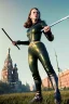 Placeholder: retro portrait image from 1960, Moscow background, wind, long hair, fighting stance, young Scarlett Johansson, classic black tight lycra suit, metal stick weapon, gold bracelet and belt, high heel boots, soft color, highly detailed, unreal engine 5, ray tracing, RTX, lumen lighting, ultra detail, volumetric lighting, 3d, finely drawn, high definition, high resolution.