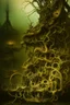 Placeholder: A daguerreotype-style close-up image of a surreal background inspired by Hieronymus Bosch and Max Ernst, featuring twisted organic forms, decaying botanical elements, and strange vegetal growths that seem to pulse with unnatural life. The entire scene is bathed in soft, ambient lighting that creates an otherworldly atmosphere, with areas of deep shadow contrasting against the pale, spectral glow of the figures.