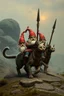 Placeholder: gnomes riding cats with lances in the style of fallout 4