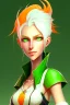 Placeholder: fantasy setting, woman with orange and white hair, green eyes, tall and thin, kind, soft facial traits