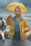 Placeholder: In the music video, a 23-year-old woman with blonde hair and bright blue eyes stands in the sea, se has a bun. dressed in a yellow fisherman's jacket. She holds an umbrella, but it offers no protection from the pouring rain. Around her, heavy horses are moving. The rain is pouring heavily. She is standing in the middle of the sea. You can see here completely. Horses only the girl and horses, i wanna see the horses dancing around her. She is wearing a fishers outfit. NOT SEXY!!