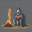 Placeholder: A knight sitting close to a campfire, pixelart