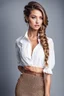 Placeholder: upper body closeup of very beautiful lady skirt and bluse , Braided hair ,standing idle pose in studio pretty makeup