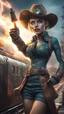 Placeholder: flashy magazine cover illustration, fallout 4 docks setting, horror weird cowboy wizard cyberpunk weasel in female garments on top of train ,holding dynamite, getting hit by lightening electric arc, with big disturbed eyes,bokeh like f/0.8, tilt-shift lens 8k, high detail, smooth render, down-light, unreal engine, prize winning