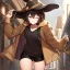 Placeholder: Clear focus, High resolution, short brown spiky hair, hair between eyes, eyes closed, wearing a brown detective hat, wearing a brown jacket and a black shirt, wearing black shorts, 1girl, pulling hat down, smiling, wearing a oversized hoodie