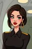 Placeholder: cartoon of a very feminine, brunette 40 year old sexy European stewardess lady with short hair and strong, seductive makeup, smoky green eyes, pouty red inviting lips and large golden earrings who looks like Elodie Cherie