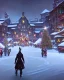 Placeholder: A magical snowy warlock town square with a Christmas tree