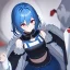 Placeholder: Clear focus, High resolution, rough line art, cute, cartoon, medium blue hair, hair between eyes, fluffy hair, red eyes, wearing a black sleeveless crop top, wearing a white jacket thats of her shoulders, wearing a blue skirt, cutsleeves blue strap and white color, intricately detailed outfit