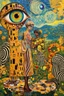 Placeholder: The People of the Eye, Surreal optical art with a Klimt palette against a naturescape inspired by Van Gogh