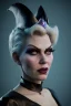 Placeholder: Hannah Waddingham as evil queen in black leather, busty, cleavage, volouptous, rebecca Welton, angry, stern look. character design by cory loftis, fenghua zhong, ryohei hase, ismail inceoglu and ruan jia. unreal engine 5, artistic lighting, highly detailed, photorealistic, fantasy