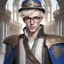 Placeholder: Hyper realistic human male with pale skin and wearing fantasy noble clothes, wearing a hat with glasses. with short blonde hair and blue eyes,