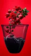 Placeholder: The image is a digital artwork that depicts a branch of red roses tangling in to a water in black vase with aThe rose floats on the surfaces of the water, creating a wave-like effect. The background is red which makes a branch of a tree of red roses stand out even more. Water droplets are scattered adding to the dreamy, ethereal quality of the image.