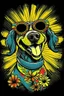 Placeholder: A groovy DOG with a wide, toothy grin, rocking sunglasses and a flowered shirt. Style: Pop Art, Mood: Fun and Funky, Lighting: Bright sunlight, T-shirt design graphic, vector, contour, white background.