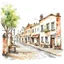 Placeholder: A cozy charming depiction of a typical Tasmanian street with cobblestone paths, outdoor cafes, and vintage architecture, watercolor illustration 2D drawing, in white background