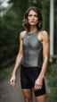 Placeholder: photography of a beautiful anorexic woman, grey satin triathlon top, sports illustrated, brunette short wavy bob haircut, pronounced sternum, flat chest, anthracite short leggins