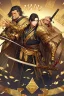 Placeholder: A handsome 30 year old man, black hair, male bob haircut, in black-and-gold plate armor, golden katana in both hands