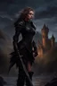 Placeholder: A formidable warrior girl in black armor, on the background Amazing gloomy landscape, flooded with sunset, mountains, trees, fabulous scary hero, , juicy emotions, painting, dark fantasy, gloomy day, dark world, portrait, Gothic Town At Night, Fantasy, Intricate Details, Castle Courtyard Gardens, Hyper Detailed