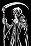 Placeholder: hooded Grim-Reaper gripping scythe(upward), vignette, black and white graphic novel style with a red outline, and black background,