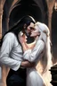 Placeholder: Remove his beard. Strahd Von Zarovich being kissed by a beautiful woman with white hair, wearing an off the shoulder dress. Settling and background are a lavish toomb with an ebony coffin. Remove his beard.