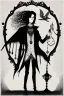 Placeholder: black haired young man necromancer wizard with gothic jewelry in the style edward gorey