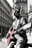 Placeholder: One single mature street cat, friendly, playing guitar, vienna, sunny day, perfect iris, model style, hyper realistic, extremely accurate, delicate, extremely detailed, Graphic novel style, colours, wide-angle, open aperture, superfine pencil