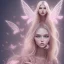 Placeholder:  beautiful, soft, big smiling face, pink and brilliant atmosphere, long straight blond hair, big fairies transparent wings in the back