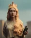 Placeholder: Statue of Queen of photography. Cute blonde woman. Photographer in golden crown. Standing on the street. Big camera in her hand. hyperdetailed, photorealistic, trending on artstation, greg rutkowski, beksinski, kodachrome