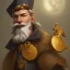 Placeholder: pompous little man with white moustache in a black coat holding a golden coin, medieval fantasy, character art, concept art, stylized