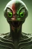 Placeholder: green alien, head, evil, red eyes, big silver teeth, weapons, blood, 8k, finely detailed, photo realistic, HR Giger style