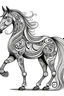 Placeholder: Rebel Horse Scheme: Wild horse character with long tail, round ears and big mouth. He can have large eyes and a strong, agile body. White background drawing Pattern, full body, use only outlines, mandala Style, clean line art, white background, number Shadows are clear and well defined