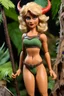Placeholder: (1960's stop-motion animation puppet, in the style of Ray Harryhausen) Close-up shot of Shanna the blonde She-Devil, the jungle girl, executed as a handcrafted articulated armature puppet. She stands 10 inches tall within a detailed stop-motion diorama of a primordial jungle, built with layers of textured painted paper, foam, dried moss, and miniature tropical foliage. Shanna wears a carefully stitched leather and felt leopard print two-piece swimsuit (revealing outfit) with micro-textures