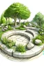 Placeholder: Create an artistic handrawn sketch of Circular seating areas made from natural stone, surrounded by lush landscaping and designed for meditation and relaxation.