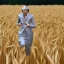 Placeholder: theresa may dressed as a robot, running through fields of wheat, sunshine, daytime