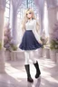 Placeholder: full body standing beautiful 20 year old girl with ash blonde hair and blue eyes with her long hair down, wearing a white sleeved shirt and nice sarifon dress, and lilac long leggings, with long black boots full body shot