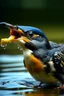 Placeholder: Generate an image of bird who is in water having fish in his mouth with real views